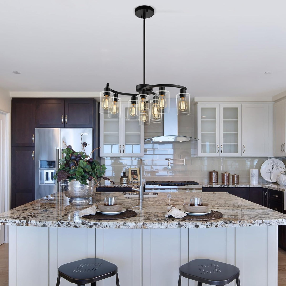 9-Light Black Modern Chandeliers for Dining Room, Adjustable Height Farmhouse Kitchen Island Lighting, Industrial Hanging Light Fixtures for Living Room Bedroom, Clear Glass Shade