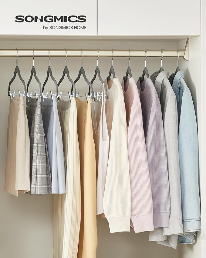 SONGMICS 20-Pack Pants Hangers, 16.7-Inch Long Velvet Hangers with Adjustable Clips, Heavy-Duty, Non-Slip Skirt Hangers, Space-Saving for Pants, Skirts, Coats, Dresses, Gray UCRF012G20