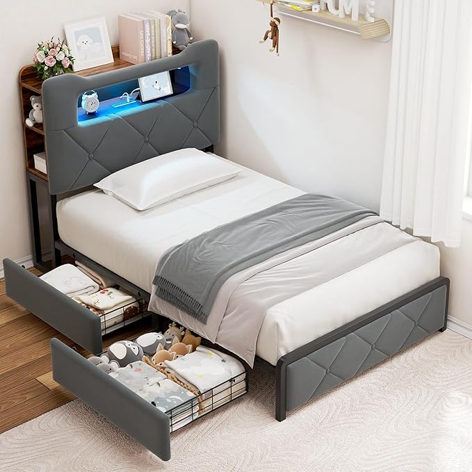 Twin Upholstered LED Bed Frame with 2 Storage Drawers and 2-Tier Storage Bookcase Headboard, Velvet Platform Bed for Kids/Girls/Boys, Heavy Duty Metal Support, No Box Spring Needed, Grey