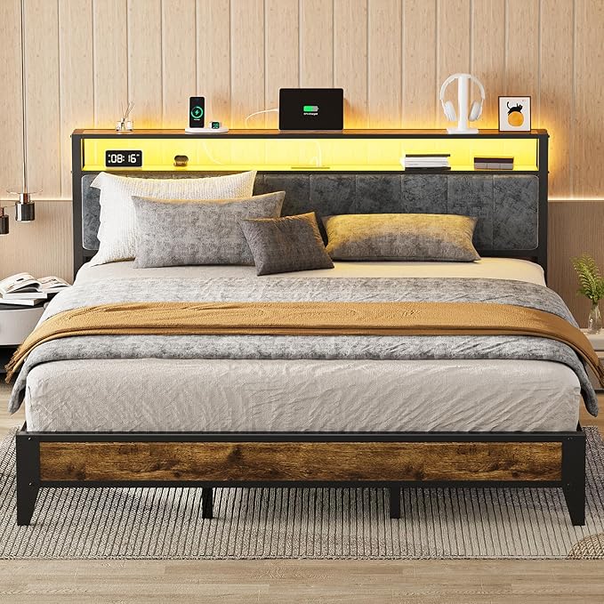 OLEVS King Bed Frame with Headboard, Metal Platform Bed King Size with 2-Tier Storage, LED Light & Charging Station Type C, No Box Spring Needed, Easy Assembly