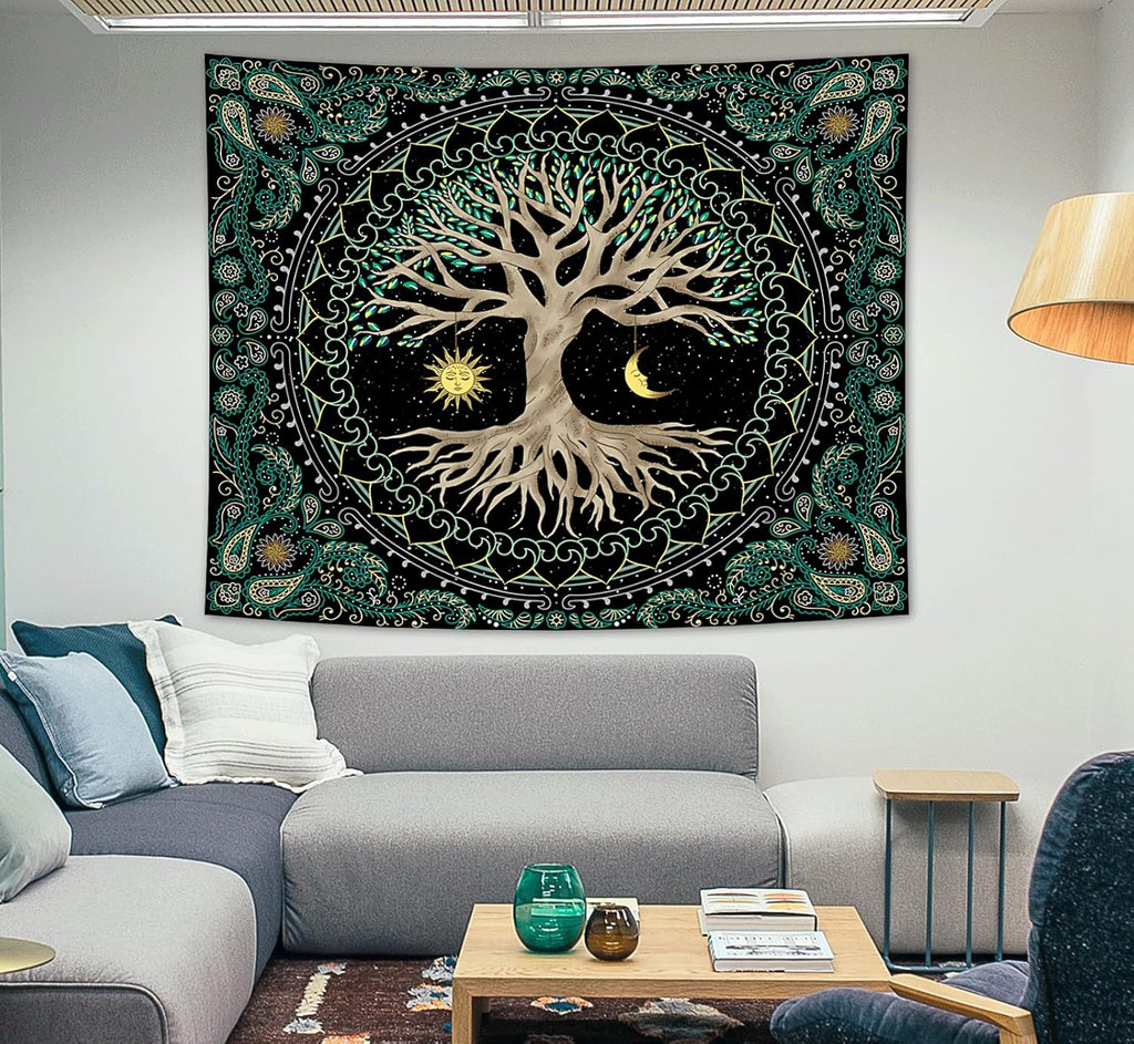 FORATER Tree of Life Wall Hanging - Aesthetic Sun and Moon Tapestry with Vintage Paisley Flowers (53 x 61 inches, Multicolor) for Bedroom, Living Room, Dorm