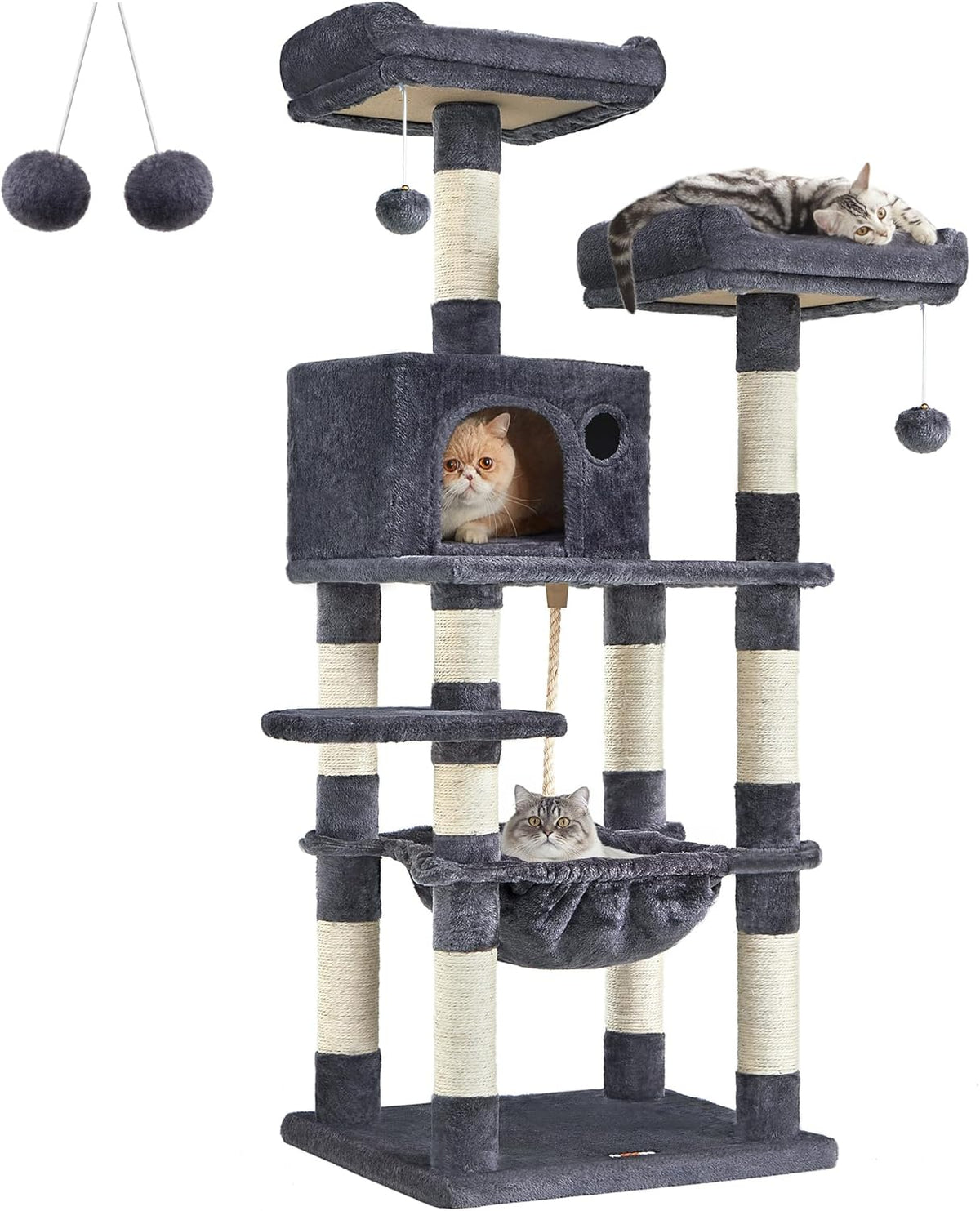 FEANDREA Cat Tree, Cat Tower for Indoor Cats, 56.3-Inch Cat Condo with Scratching Posts, Hammock, Plush Perch, Smoky Gray UPCT15GYZ