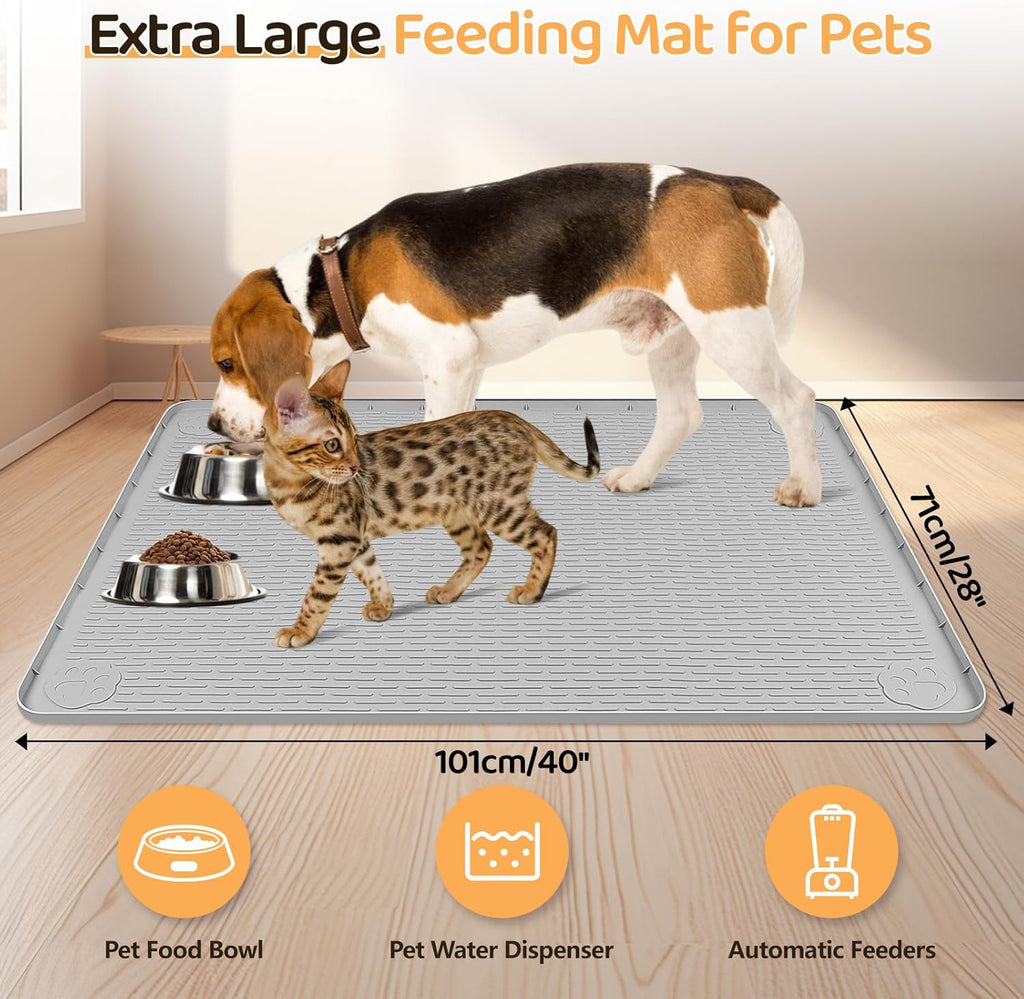 Dog Food Mat, Extra Large 40" x 28" Silicone Pet Feeding Mat for Small, Medium, and Large Pets Non-Slip, Easy to Clean, Gray