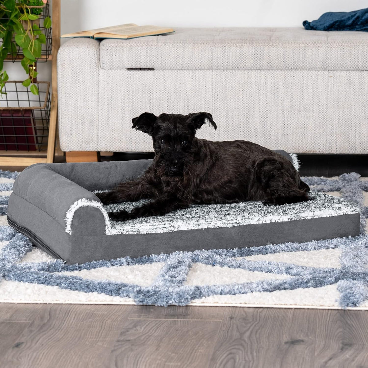 Furhaven Cooling Gel Dog Bed for Medium/Small Dogs w/ Removable Bolsters & Washable Cover, For Dogs Up to 35 lbs - Two-Tone Plush Faux Fur & Suede L Shaped Chaise - Stone Gray, Medium