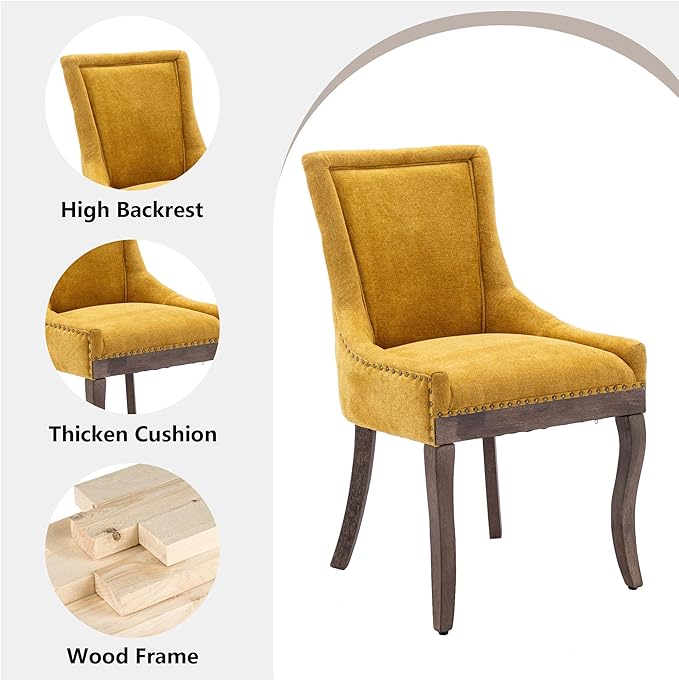 Farmhouse Dining Chairs Set of 6, Upholstered Fabric Dining Room Accent Chairs with Wood Legs & Bronze Nailhead, High Wingback Kitchen Chairs for Living Room Hotel Apartment, Golden Yellow