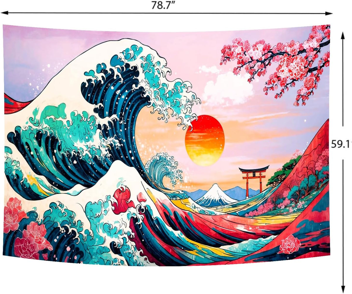 Delur Great Wave Tapestry Japanese Sunset Ocean Sea Wave Off Kanagawa Tapestry Wall Hanging Vintage Asian Anime Cherry Blossom Nature Headboard for Bedroom Living Room Home Decor (59.1" x 78.7")