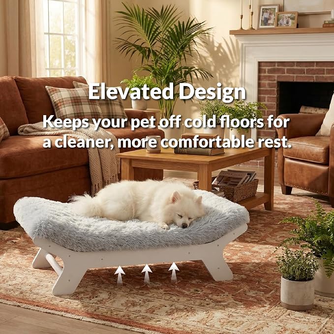 Elevated Wood Dog Bed Frame Mat Set, WoodPattern, X-Large | Raised Sturdy Attractive Dog Sofa Couch Furniture, 110 lb