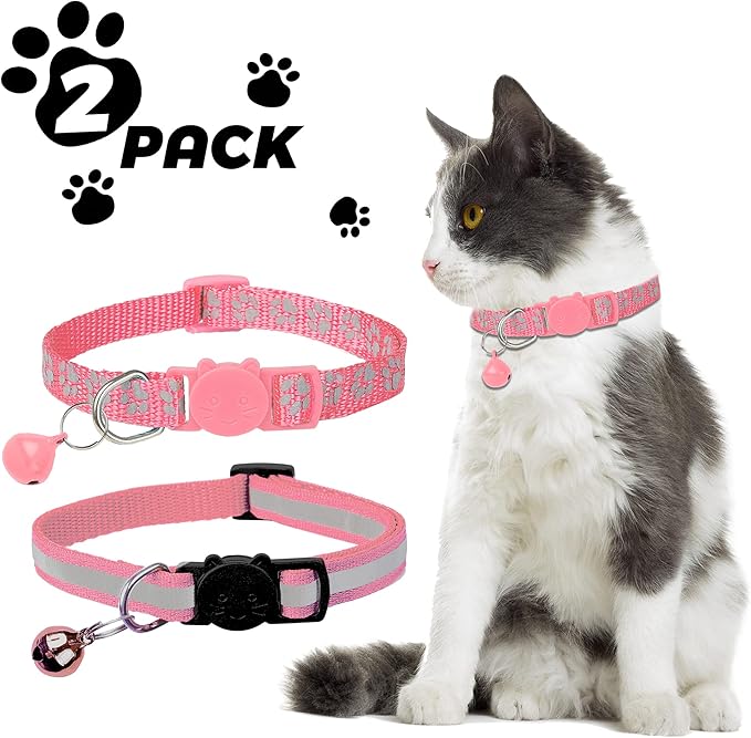 BANMODER 2 Pack Reflective Cat Collar Breakaway with Bell,Personalized Kitten Collars,Adjustable Safety Buckle Collar for Male Cats Girls & Boys (Pink)