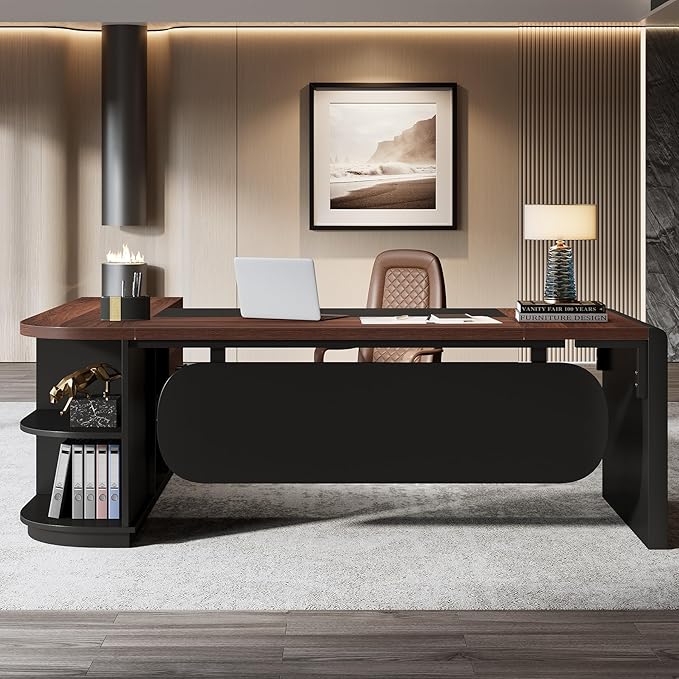 Tribesigns 80'' L-Shaped Desk, Large Executive Office Desk with 55'' Drawers Cabinet, Modern Computer Table with Storage Shelves, Business Furniture for Home Office, Walnut & Black
