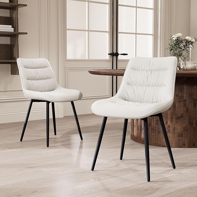 Kidol & Shellder Dining Chairs Set of 2, Modern Upholstered Faux Leather Kitchen Side Chairs with Comfortable Back - Mid-Century Armless Chair for Dining Living Room Bedrooms, with Metal Legs (White)