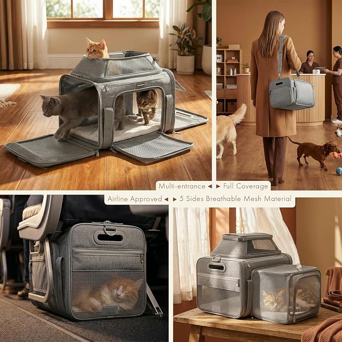 Top-Side Expandable Pet Carrier, Treat Window,18x13x9.5 Airline Approved | for Southwest Frontier,Soft-Sided Cat Carrier, Anti-Scratch Mesh, Lockable Zippers,Dog Carrier for Kitten,Rabbit,Puppy, Grey