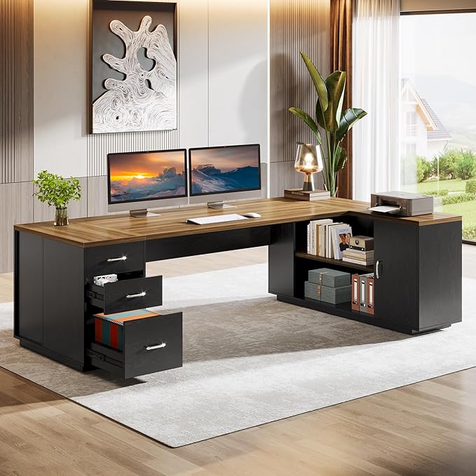 Tribesigns 85.8-Inch L-Shaped Executive Office Desk with File Drawers & Storage Cabinet, Professional Corner Computer Desk Extra Large Business Workstation with Adjustable Shelves (Brown&Black)
