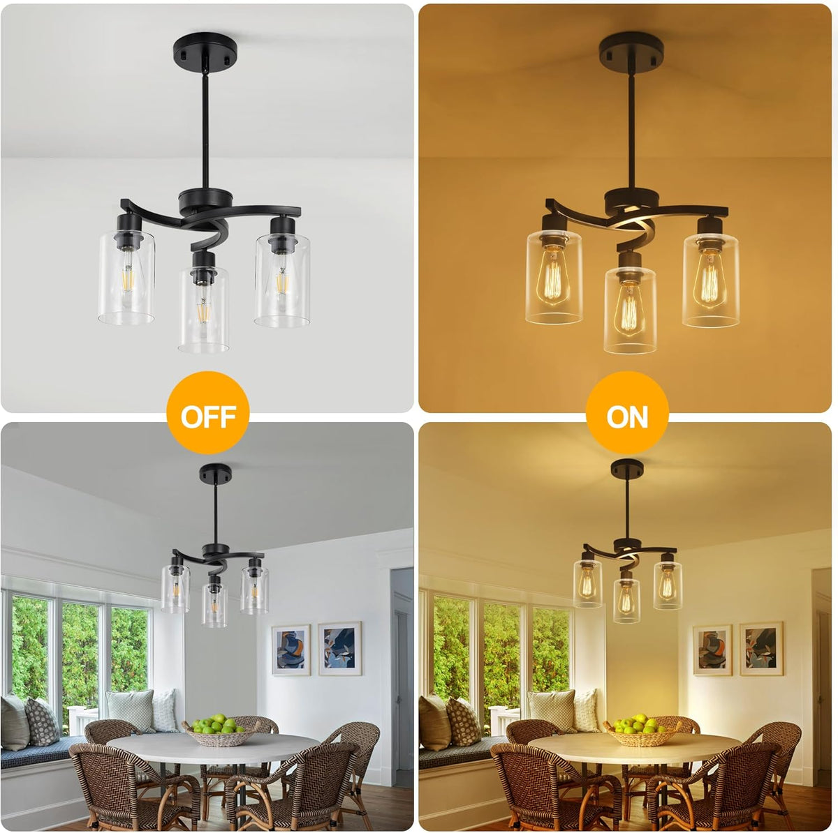 3-Light Modern Farmhouse Black Pendant Lights Kitchen Island, Adjustable Height Contemporary Chandeliers for Dining Room Light Fixture Hanging, Clear Glass Shade