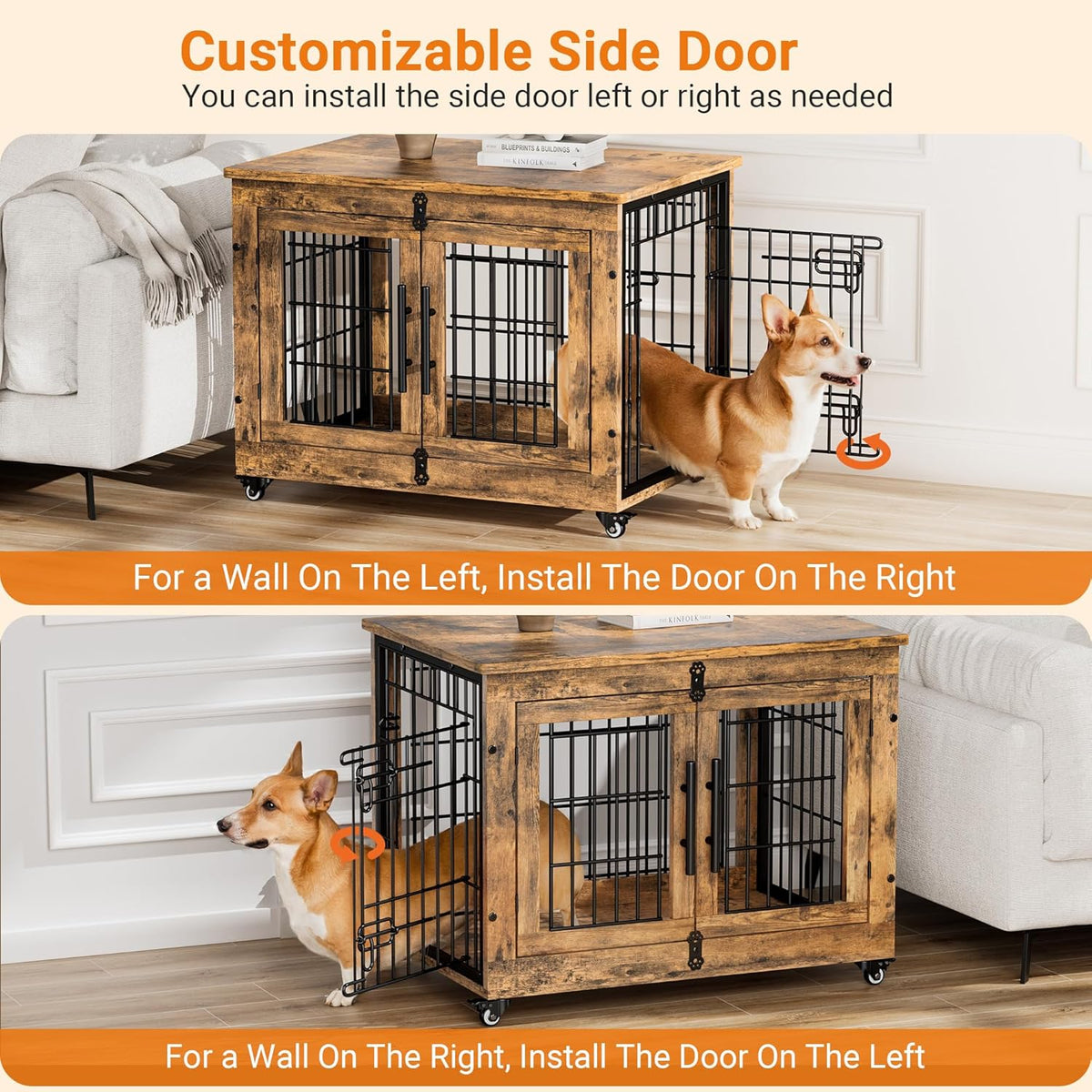 Lulive Dog Crate Furniture, Dog Kennel Indoor Double Doors Wooden Dog Cage, 32'' Heavy Duty Dog Crate with Cushion & Wheels, Decorative End Table Pet House Chew-Resistant for Medium/Small, Brown