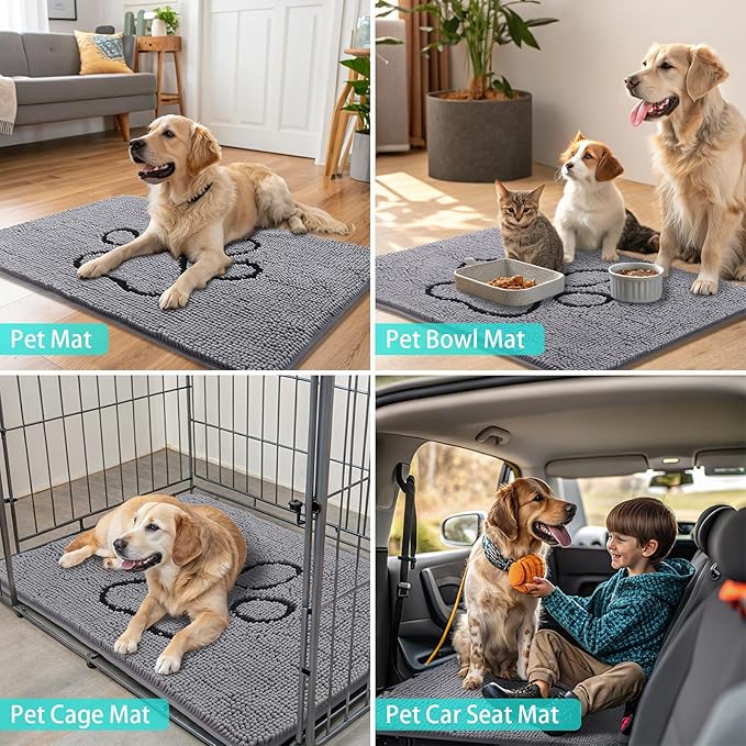Smiry 2 Piece Dog Door Mat for Muddy Paws, Absorbent Dirt Trapper Non Slip Quick Dry Washable Chenille Mat for Mud Dogs, Entry Rug for Indoor and Outdoor (24x16 Inches, Grey)