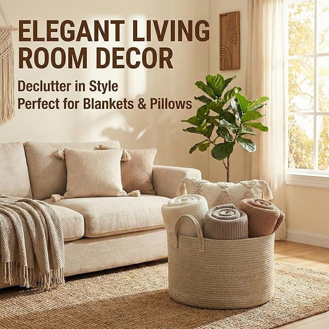 65L Extra Large Blanket Basket for Living Room - Woven Cotton Rope Laundry Hamper with Reinforced Handles - Storage Bin for Pillows, Comforters & Toys - Machine Washable,Oatmeal