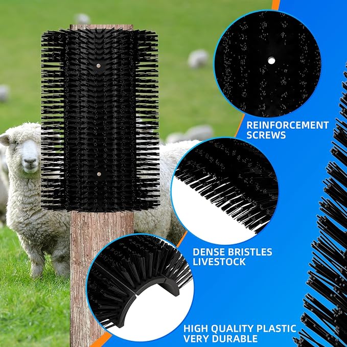 Extra Large Size Livestock Scratching Brush, Upgraded Horse/Goat/Cow/Cattle Scratcher Brush for Grooming, Itch Relief Horse Scratcher Brushes Kit with Two Sets of Mounting Screws(4-Pack,Black)