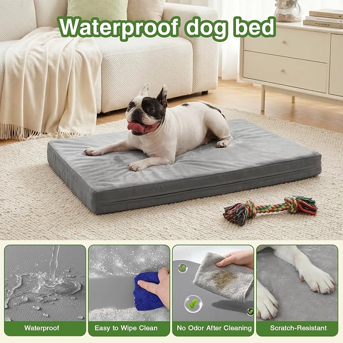 Waterproof Dog Bed Medium Size Dog, Washable Crate Pad 30" Orthopedic Gray | Outdoor Pet Bed Foam, Reversible Faux Leather & Flannel, Removable Cover,Anti-Slip Kennel Pad 29"x18"