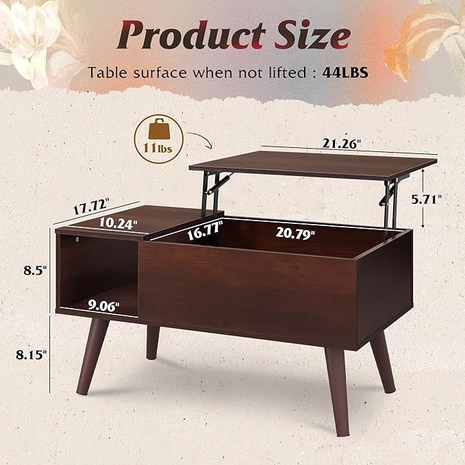 WLIVE Coffee Table for Living Room, Small Coffee Table with Storage, Lift Top Modern Wooden Dining Center Table with Storage Shelf & Hidden Compartment, 31.5" Espresso