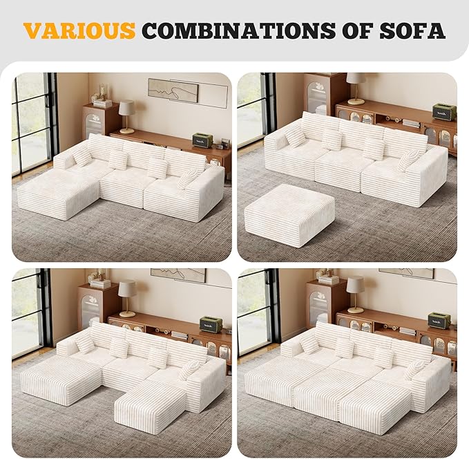 113" Modular Sectional Sofa Bed, Convertible Cloud Couches for Living Room with Ottoman, 6 Seater Corduroy Boneless Couch Sleeper Sofa Set, No Assembly Required, Beige 1 PCS
