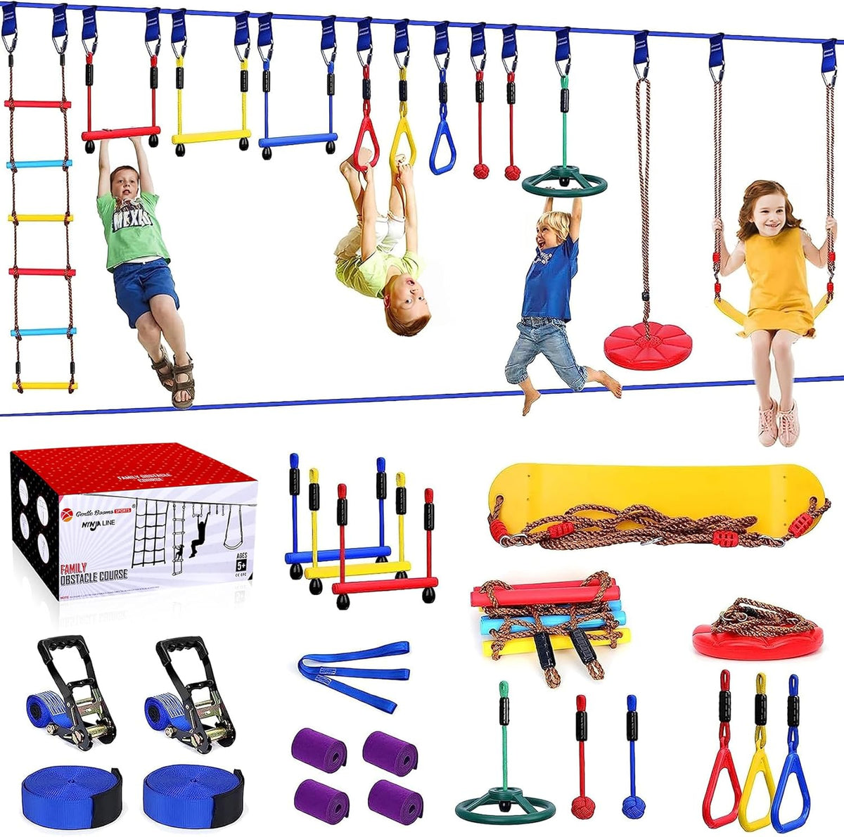 2x65 FT Ninja Warrior Obstacle Course for Kids with 13 Ninja Accessories - 600lbs Weight Capacity, Slackline with Swing Seat, Disc Swing, Ninja Wheel, Rope Ladder, Monkey Bar, Ninja Ring, Arm Trainer