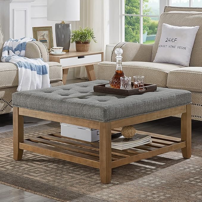 24KF Large Square Upholstered Tufted Linen Ottoman Coffee Table, Large Footrest Ottoman with Solid Wood Shelf-Granite