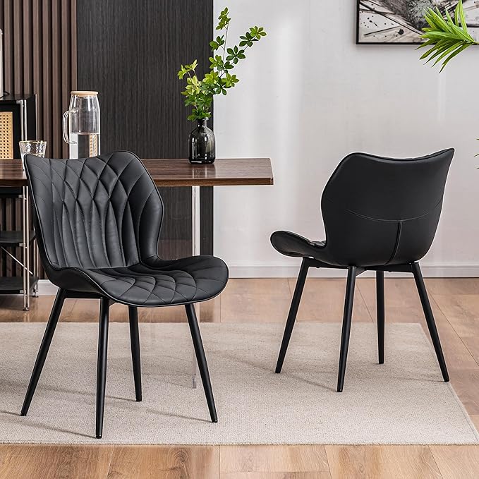 Kidol & Shellder Black Dining Chairs Set of 2 Modern Kitchen Chairs with Back Armless Accent Chairs for Living Room Upholstered Faux Leather Chair Mid Century Comfy Side Chair with Metal Legs
