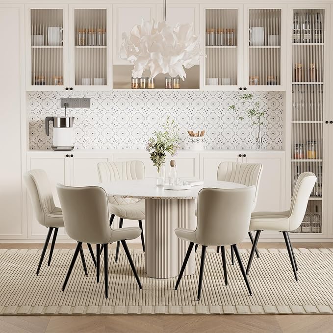 Dining Chair Set of 6 PU Leather Dining Room Chairs Upholstered Comfy Dining Chairs Modern Kitchen Armless Side Chair with Sturdy Metal Legs,Beige