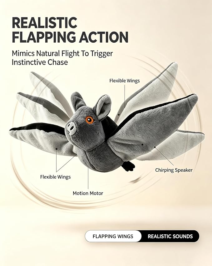Flying Bat Dog Toy, Interactive Flying Bat Toy for Dogs with Flapping Wings, Chirping Sounds, USB Rechargeable, Touch Activated, Hanging or Floor Toy for Dogs, Puppies and Cats to Reduce Boredom，2 PCS