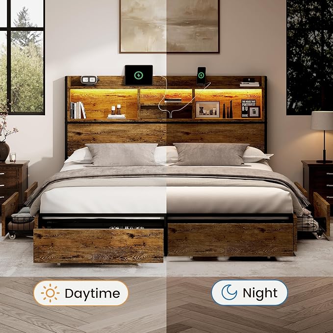 Queen Storage Bed Frame with 6 Drawers, USB Charging Station, No Noise, No Box Spring Required, Vintage Brown Headboard Platform Bed