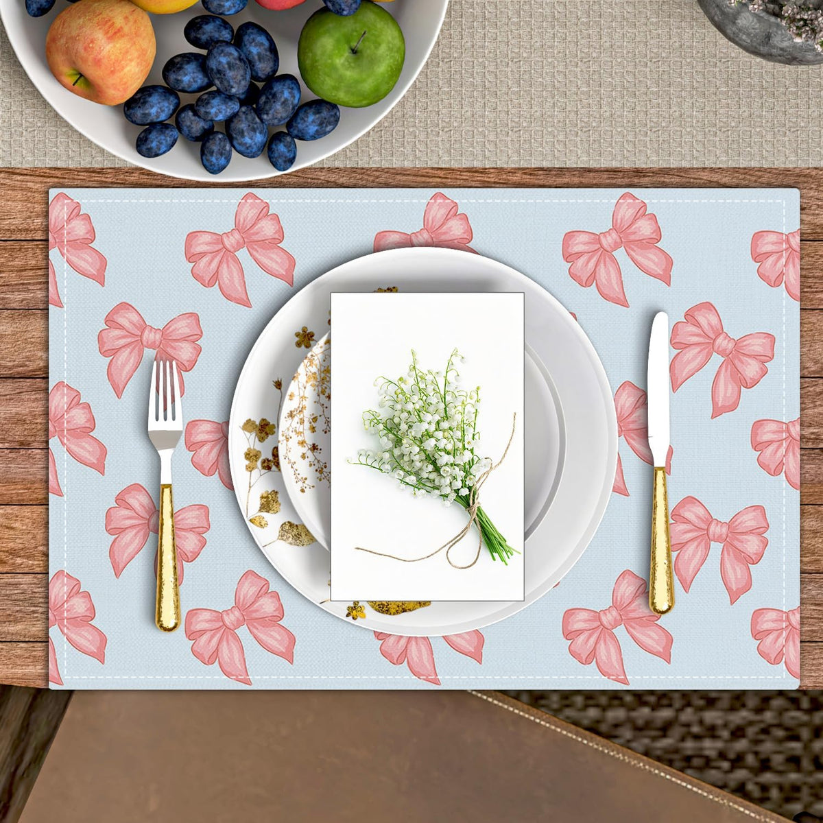 Pink Bow Placemats Set of 4, Blue Table Mat for Home Kitchen, Restaurants, Outdoor Linen Washable Place Mats 12x18 inch Party Event Dining Decoration-04