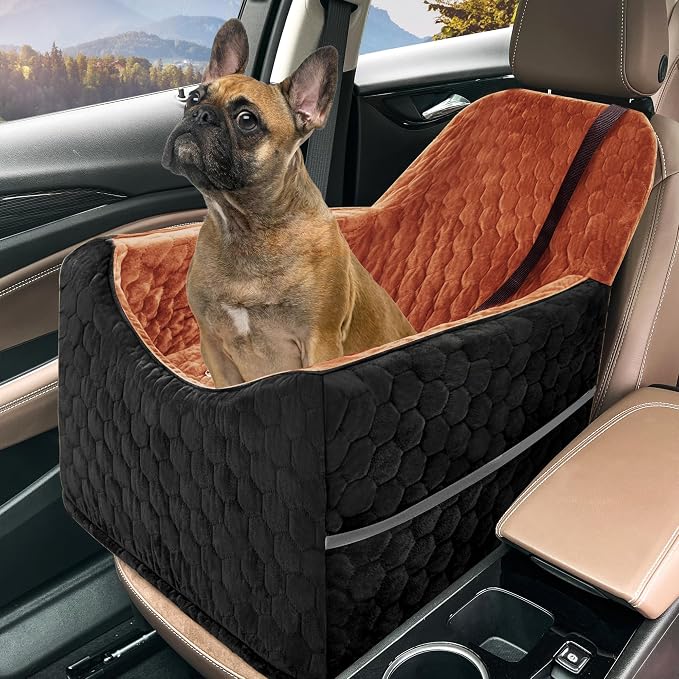 Dog Car Seat for Small/Medium Dogs, Memory Foam Dog Booster Seat, Travel Safety Per Car Seat with Washable Removable Cover, Storage Pockets for Dogs up to 35 lbs (Black/Red Brown, Small)