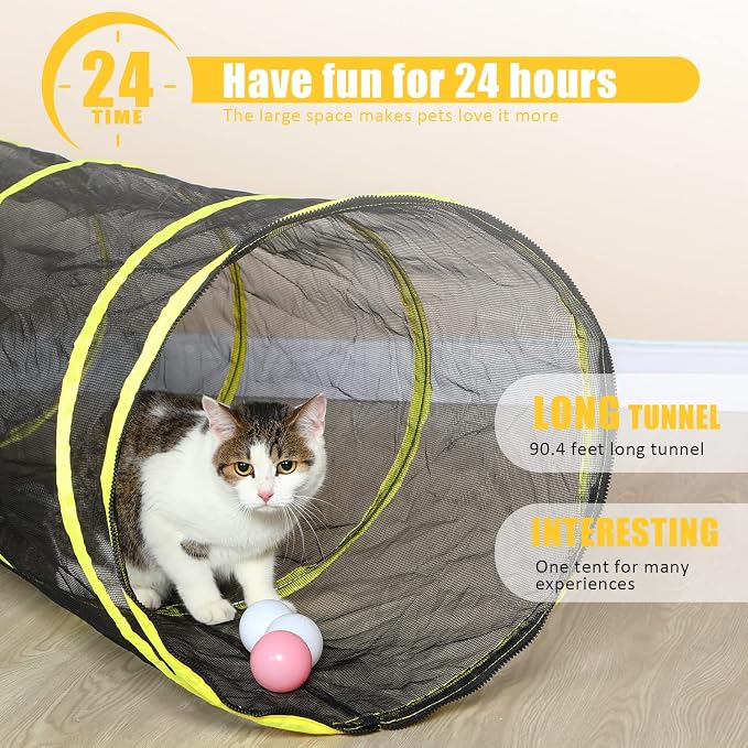 Outdoor Cat Enclosure & Tunnel - Portable Mesh Tent, Cat Playhouse with Adjustable Harness & Leash, Colorful Tease Ball