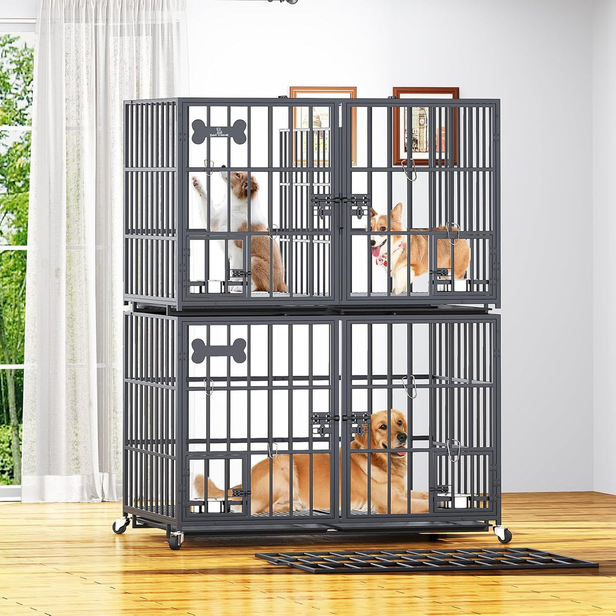 aboxoo 42 inch Stackable Heavy Duty Metal Dog Crate for 4 Dogs/Large Dog,All Metal Open Top Access,Escape Proof Cage,Dog Kennel Indoor with Wheels,Floor Grid, Tray, Divider and Feeding Bowl