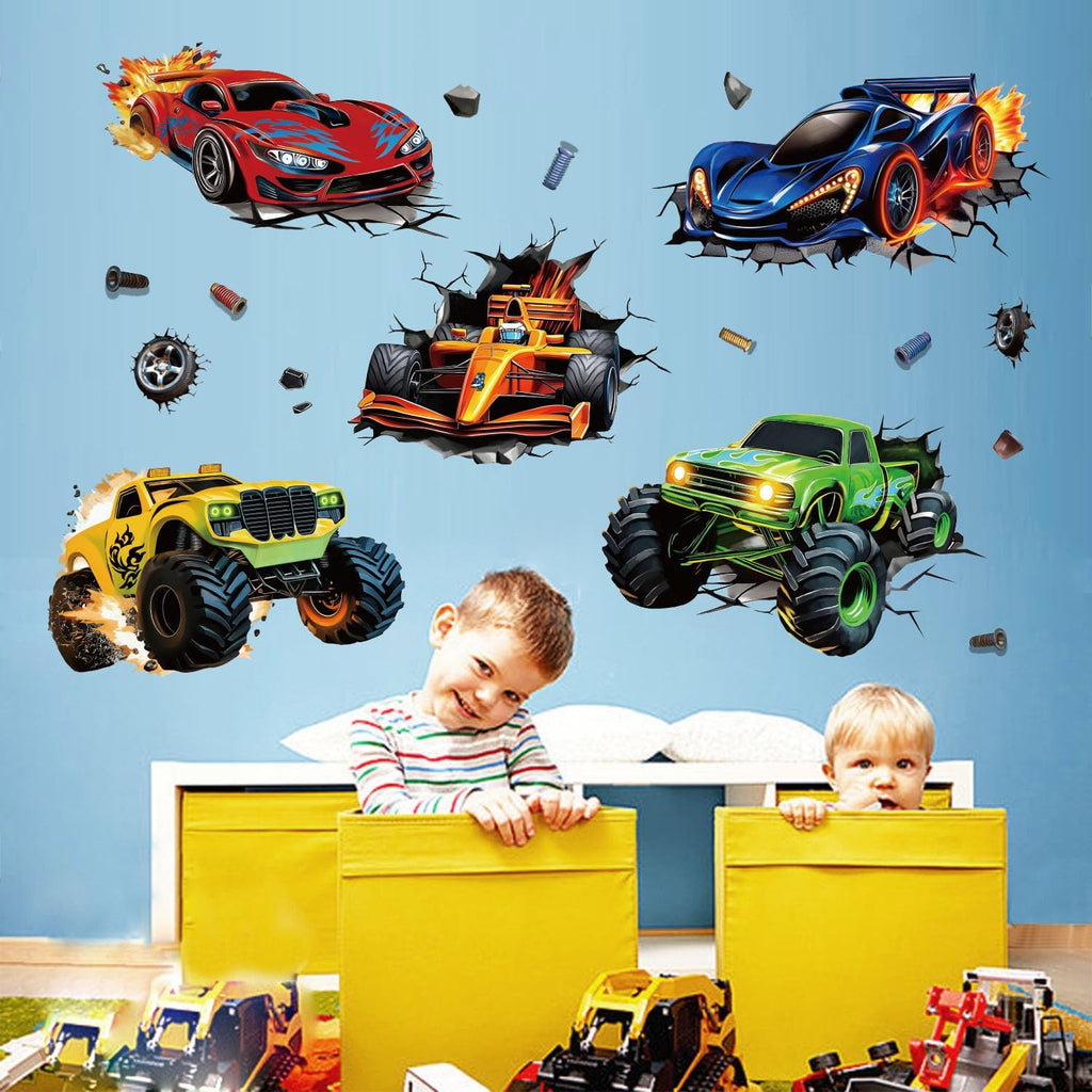 3D Racing Cars Wall Decals - Truck Bursting Through Wall, F1 Racing Cars Wall Stickers for Kids Room Boys Bedroom