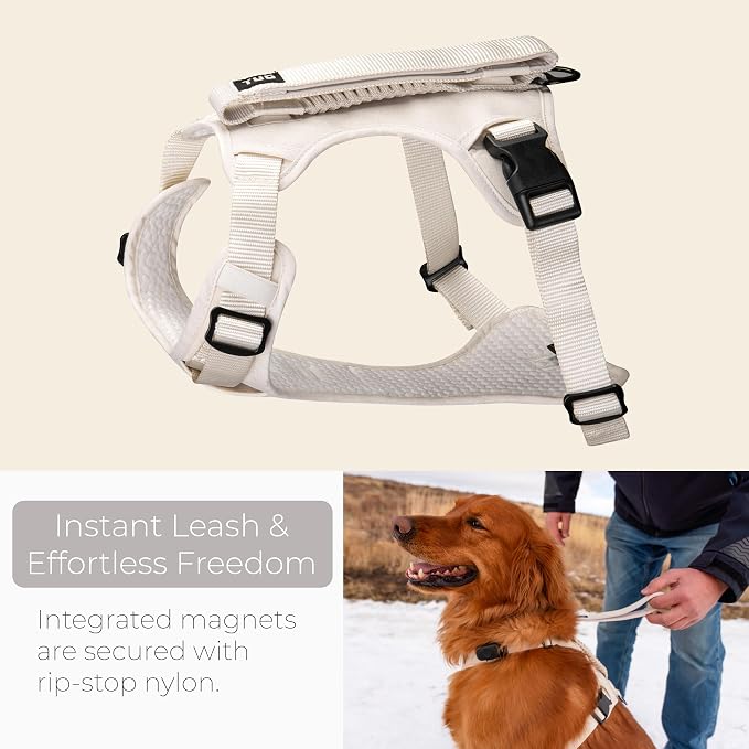 TUG Grab Dog Harness with Built-in Magnetic Traffic Leash (Large/Cream) | Padded Magnetic Traffic Handle | Dual Leash Clips | 4-Point Adjustable Fit | Durable Nylon