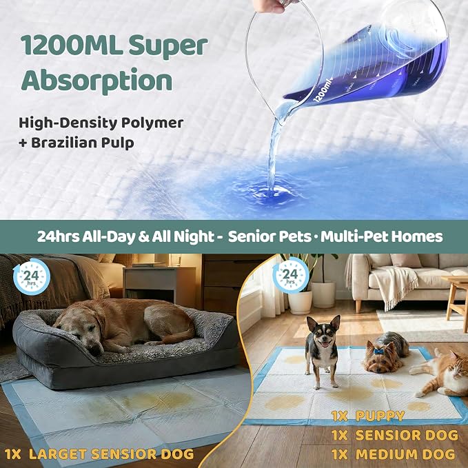 Gimars XL 6-Layer Ultra Absorbent 1200ml 48-Hour Leak-Proof Dog Pee Pads, Quick Dry Extra Large Puppy Pads for Puppy Training, Senior & Incontinent Dogs, Cats, Overnight Use, 28"x34", 50 Count