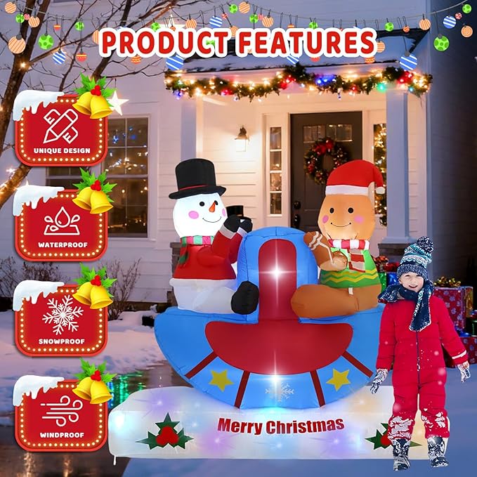 6FT Seesaw Snowman and Pancake Man, Built-in LED Lights and Colorful Rotating Lights, Suitable for Christmas Lawns, Gardens, Courtyards Outdoor Inflatable Decorations