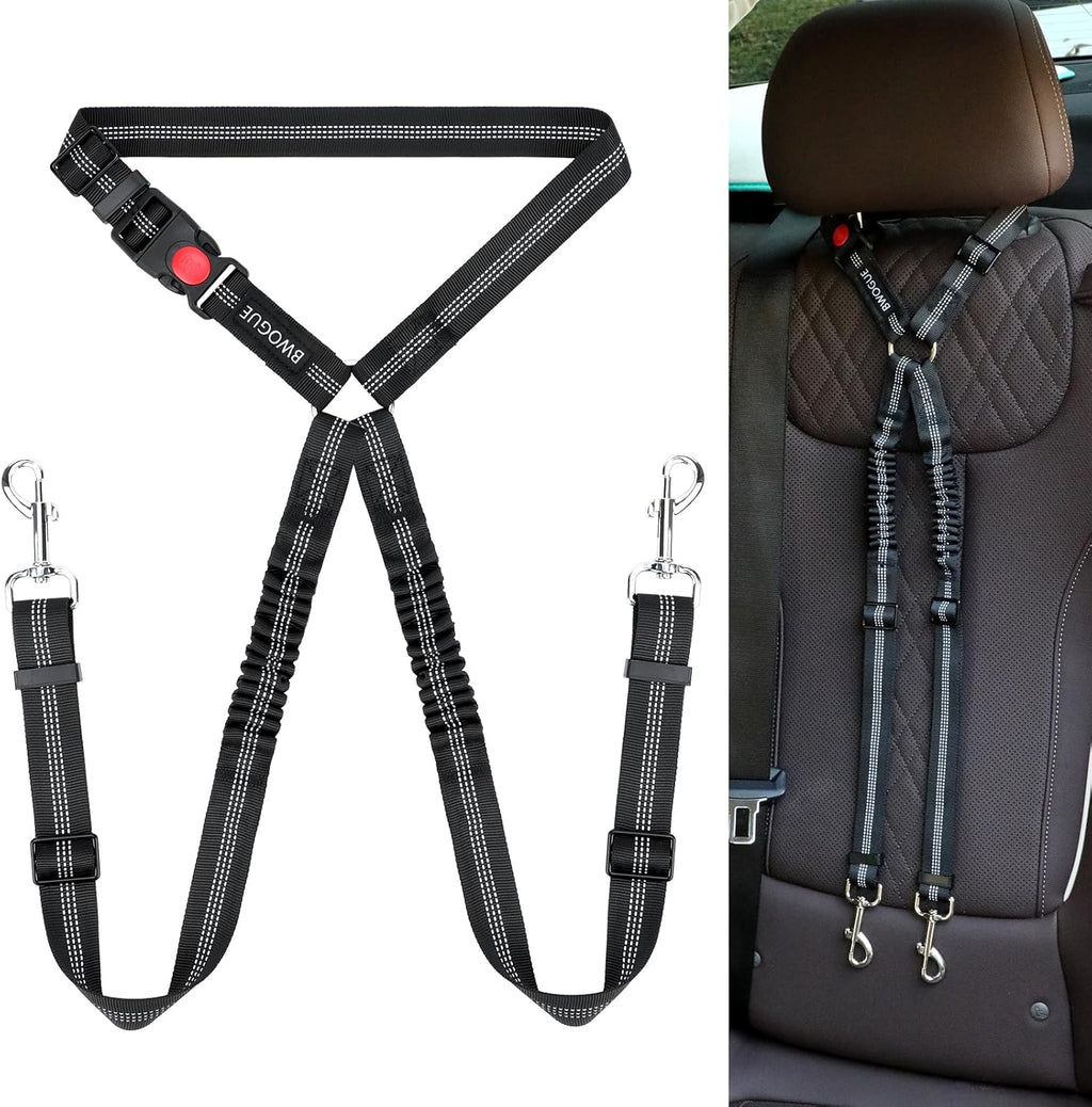 BWOGUE Double Dog Cat Seat Belts, Car Headrest Restraint Adjustable Travel Leash,Safety Elastic Leads Splitter Connect Vehicle Seatbelt Harness for 2 Dogs