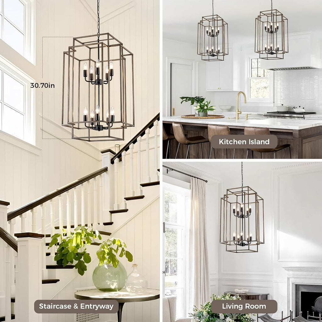 30" Black Farmhouse Chandelier, 10-Light Foyer Lighting Fixtures, Lantern Tiered Pendant Light Fixtures, Metal Wood Grain Finish Rustic High Ceiling Chandelier for Dining Room Entryway Staircase