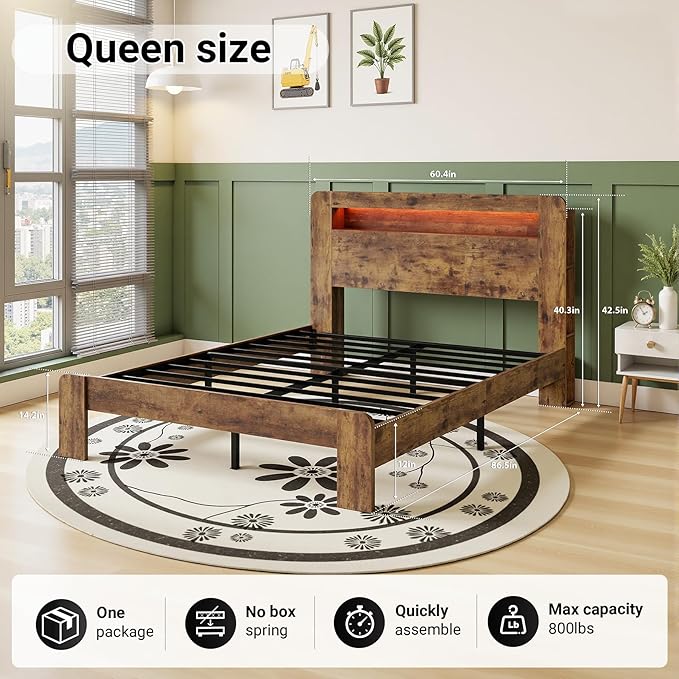 Queen Bed Frame with Headboard, Wooden Platform Bed Frame Queen Size with Bookcase Shelf, LED Lights, Charging Station, Heavy Duty Supports, No Box Spring Needed, Dark Brown