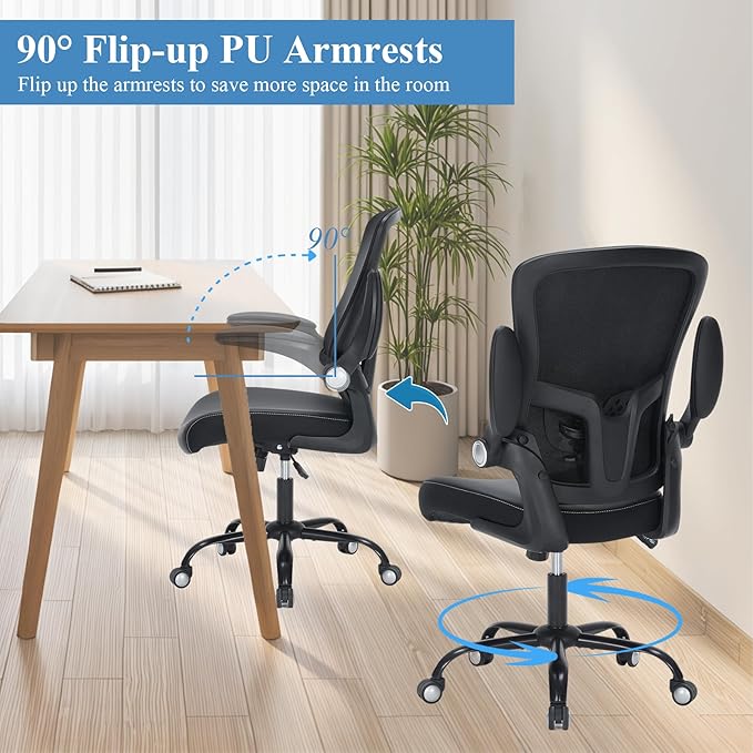 Office Chai PU Leather Cushion, Ergonomic Desk Chair with Flip-Up Arms, 300 LBS Home Office Desk Chairs Adjustable Seat Height & Lumbar Support, Executive Comfy Swivel Task Computer Chair