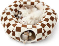 Lesure Donut Cute Jacquard Large Cat Tunnel Bed Kitten Toys for Dog Bunny | 39.5x39.5x10in,Round Large Cat Bed Tube for Multi Kittens,Pet Peekaboo Cave Toy,Spiral Hideaway,Washable Cushion,Brown Checks