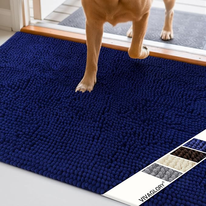 VIVAGLORY Dog Door Mat Absorpmax Dog Rug for Muddy Paw, Mat for Muddy Paw Door Indoor Floor Entryway, Waterproof Washable & Water Absorbent Dirt Trapper, 35" × 25", Navy Blue