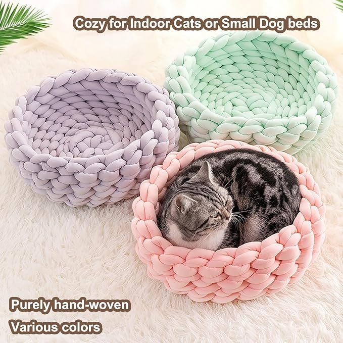 Woven Dog Bed Basket, Knitted Cotton Cat Bed Round Washable Woven Cat Pet Bed Chunky Dog Basket, Orthopedic, Chunky Knit Dog Nest,Dog Bed,Dog Cave,Dog Bedding(Beige,21")