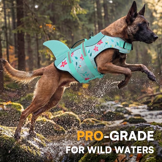 Dog Life Jacket, Dog Life Vest for Swimming, Medium Dogs Shark Safety Vest Adjustable Preserver with High Buoyancy, Pet Lifesaver for Medium Dogs, Blue Flower M
