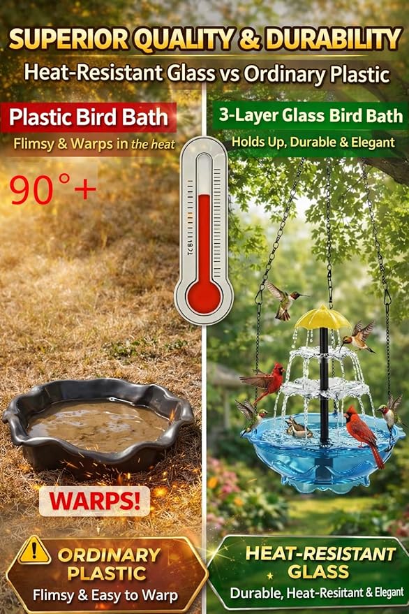 Solar Cascade Hanging Bird Bath Fountain, 2026 New Outdoor Hanging Bird Bath with Solar Fountain, Large Humming Birds Baths Fountains, with Solars Pump & Glass Bowl, for Outdoor, Gardens (#1)