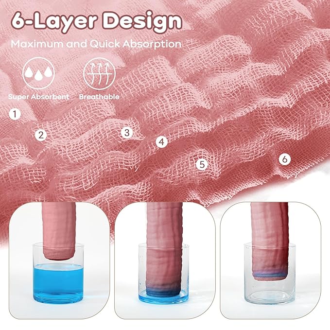 Yoofoss Muslin Baby Washcloths 100% Organic Cotton Face Towels 6 Pack Wash Cloths for Baby 12x12in Soft and Absorbent Baby Wipes (Gradient Pink)