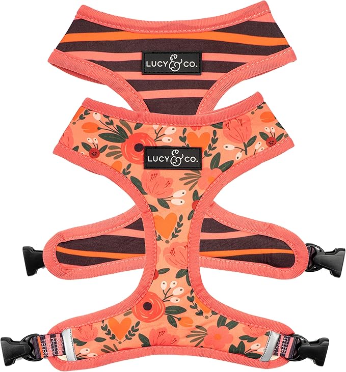 Lucy & Co. Reversible Dog Harness - Water-Repellent Neoprene, Dual-Print Design, Easy Swap Style, Adjustable Comfort Fit - Posy Pink Reversible Harness - X-Large
