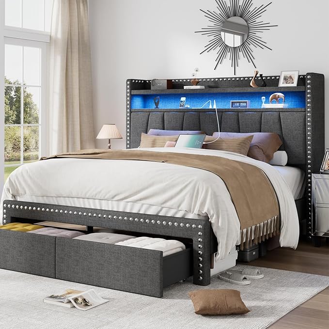 Full Size Bed Frame with Storage Headboard and Drawers Modern Rivets Upholstered Bed Frame with LED Charging Station Full Bedframe No Box Spring Needed
